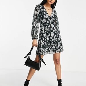 ASOS DESIGN pleated mini wrap dress in monochrome floral